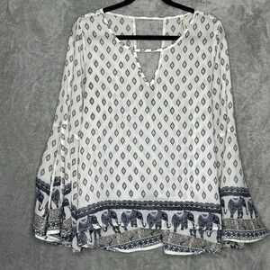 Live & Truth Large Shirt Top White Paisley Slit Long Sleeve Keyhole Scoop Neck